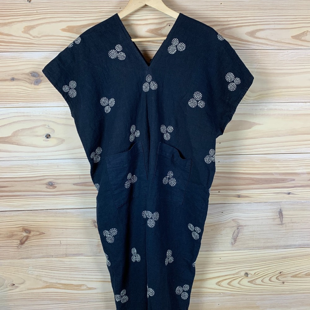 Pleasant Simple Tunic Dress Linen Midi‎ V Neck Embroidered Navy Lagenlook Boho